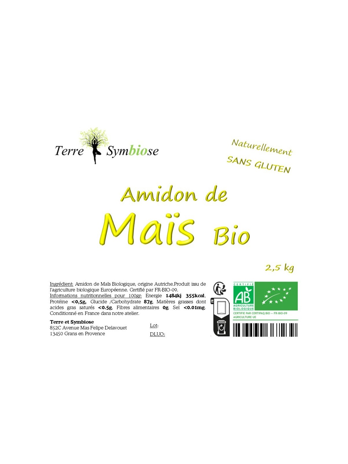 2,5 kg - Amidon de Maïs Bio - Naturellement sans gluten