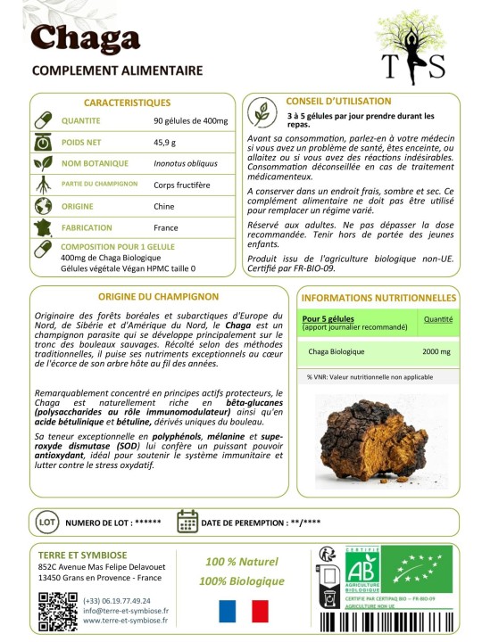 Chaga Bio - 90 gélules de 400mg