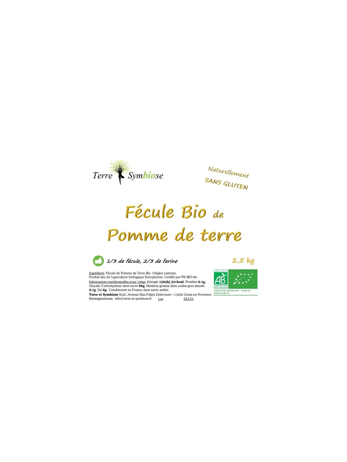 2,5 kg - Fécule de Pomme de Terre Bio - Naturellement sans gluten