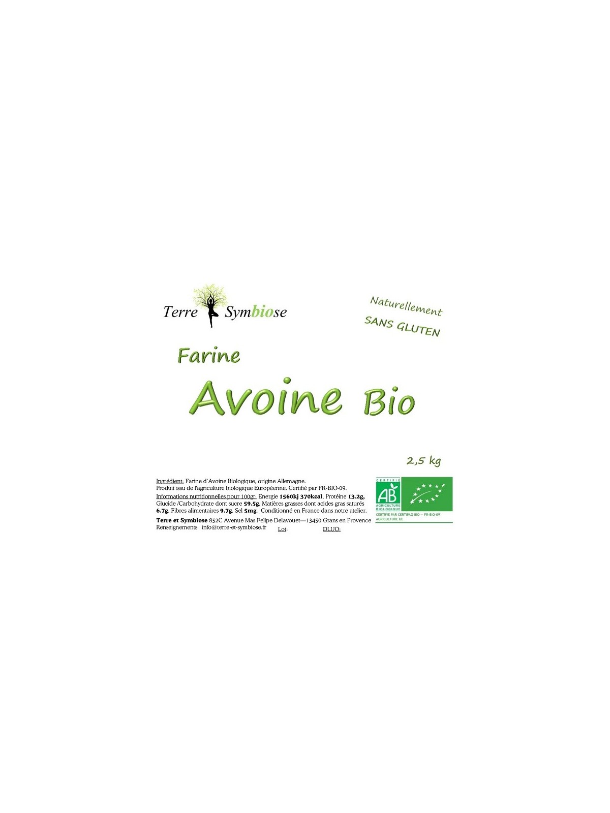2,5 kg - Farine d'Avoine Bio - Naturellement sans gluten